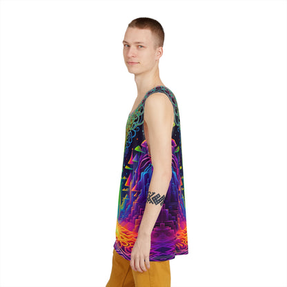 Full view of the 'Maze of Life' psychedelic print across this men's tank top.