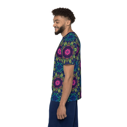 'Gatekeepers Pattern' sport tee for men, viewed from above laid flat.