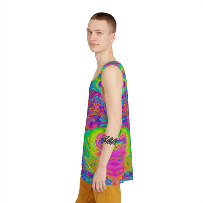 Top-down view of the 'UV Bleed' men's tank top laid flat.