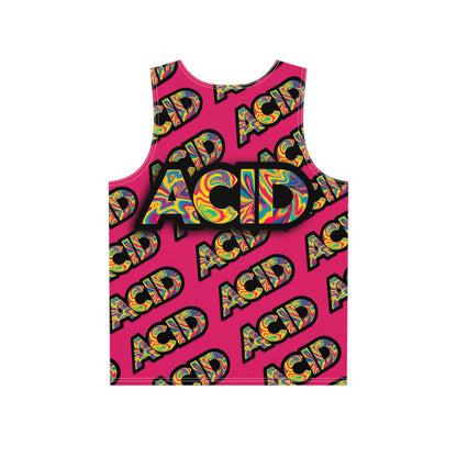 Close-up of the ACID Pattern Pink print detail on the men's tank top fabric.