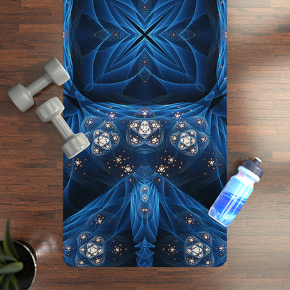 Inner Sanctum yoga mat on a wood floor styled with dumbbells, a water bottle, and a small plant.