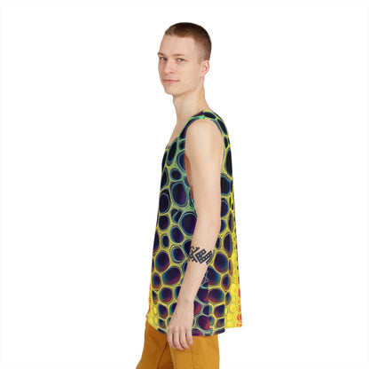 Model wearing the Mitosis men's tank top outdoors.