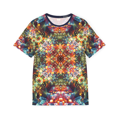 Flat lay of the "Kaleidobloom" all-over print men's sport tee.