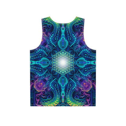 Back view of the 'Belladonna V2 (Square)' men's tank top laid flat, showing the print continuing across the fabric.