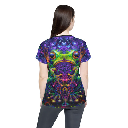 Angled view of the "Kiss Me" sport tee, showing the print from the side.