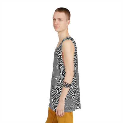 Corner view of the black and white Zibrus Maximus tank top highlighting the print.