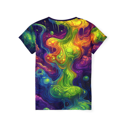 Close-up of the "I Love Lava Lamp" print on the women's sport tee fabric.