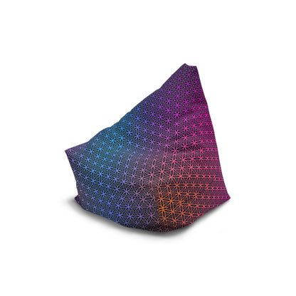 Close-up of a corner seam on the Rainbow Flower of Life bean bag chair cover.