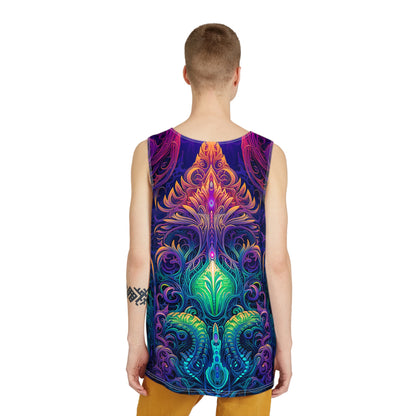 Angled view of the 'Belladonna' men's tank top, showing the fit and drape of the fabric.