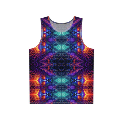 Front view of the Lilith's Fractal psychedelic art men's tank top on a model.