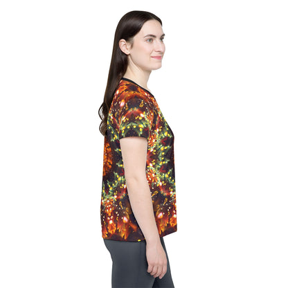 Detail shot of the Autumn Bloom design on the women's sport tee