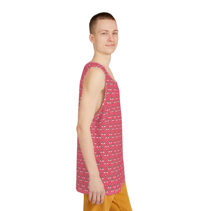 Corner detail shot of the Rainbows and Lightning Pink print along the tank top hem.