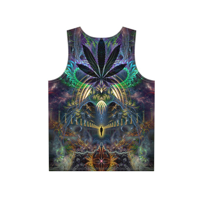 Close-up of the Heightened Stroll print on a men's tank top.