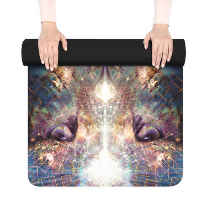 The Mastering Darkness yoga mat, a rubber yoga mat with an edge-to-edge dark psychedelic print.