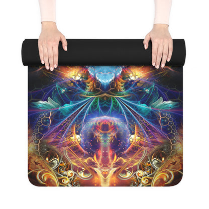 Additional view of the yoga mat's symmetrical fractal art print in teal, gold, and purple.