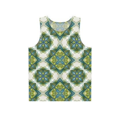 Front view of the Porcelain Bloom men's tank top with a psychedelic floral print across the chest.