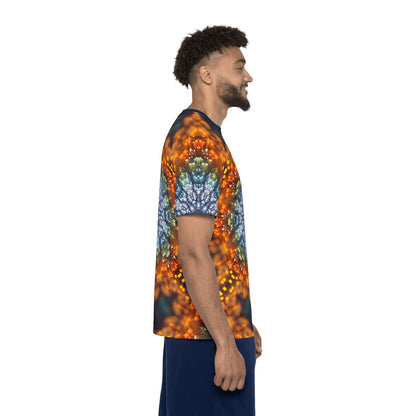 Folded view of the men's sport tee printed with the Fractal Flower Mandala V2 design.