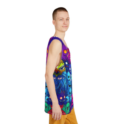 Men's tank top with the 'What Dreams May Come' print viewed from above.