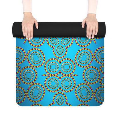 Close-up of the Loco Motion yoga mat print detail showing the kinetic color pattern