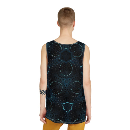 Corner detail of the Storm Shield men's tank top print and fabric.
