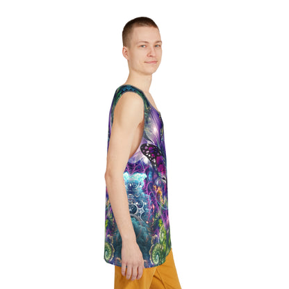 Corner detail of the psychedelic print on the 'Emergence' men's tank top.