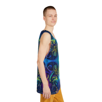 Overhead view of the Orchidious V3 psychedelic tank top laid flat.