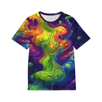 Flat lay of the "I Love Lava Lamp" all-over print men's sport tee.