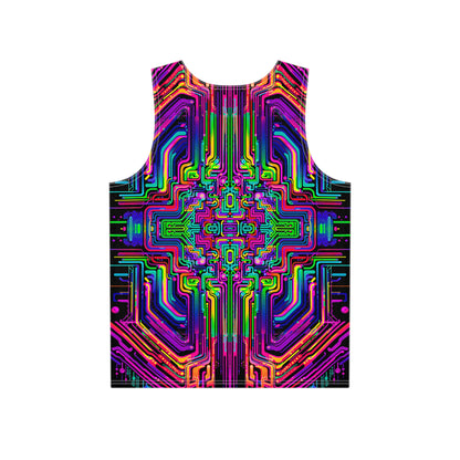 Close-up of the Rave Nexus print detail on the men's tank top fabric.