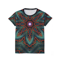 Flat lay of the Multiverse sport tee showing the full all-over print.