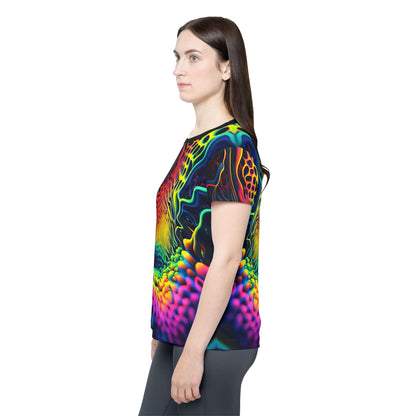 Women's sport tee in the Ferro Field psychedelic all-over print design, shown from above.