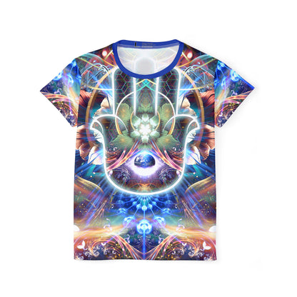 Women's sport tee in the Divine Protection psychedelic all-over print design, flat lay view.