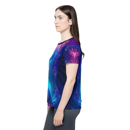 Corner detail of the Midnight Spell women's sport tee showing the print and seam.