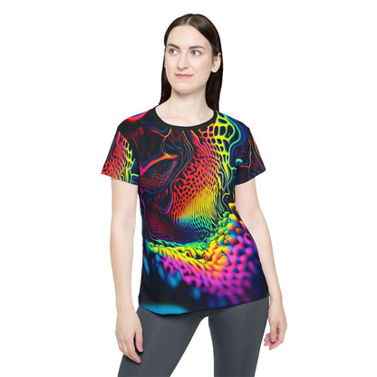Women's sport tee in the Ferro Field psychedelic all-over print design, angled view.