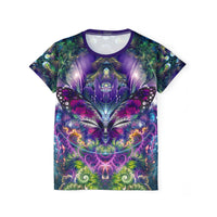 Women's sport tee in the Emergence psychedelic all-over print design, flat lay view.