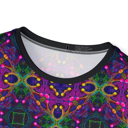 Close-up of the print detail on the "Kiss Me Pattern" sport tee, showing color and line clarity.