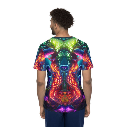 Flat lay of the men's sport tee showing the Fungal Abyss print.