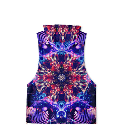 Flat lay of the back of the “Flow State” all-over-print sleeveless hoodie, showing the full back print.