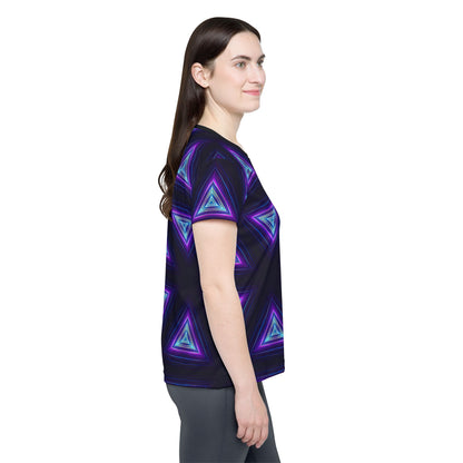 Angled view of the Dark Prism sport tee highlighting the print pattern.