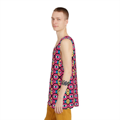 Flat lay of the Eyeball Lips men's tank top displaying the complete design layout.