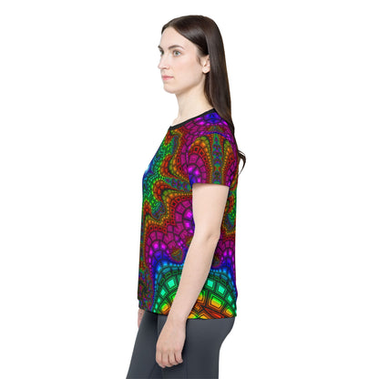 Angled view of the "Kambo" sport tee, showing the print from the side.