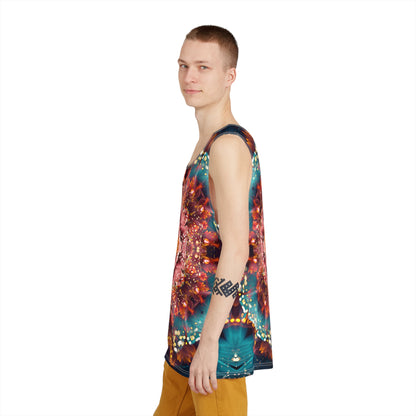 Folded view of the Reaching for Light men's tank top displaying the print pattern.