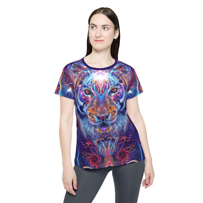 Women's sport tee in the Empurrress psychedelic cat all-over print design, angled view.