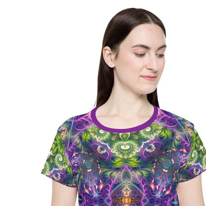 Women's sport tee in the Emergence Pattern psychedelic all-over print design, laid flat.