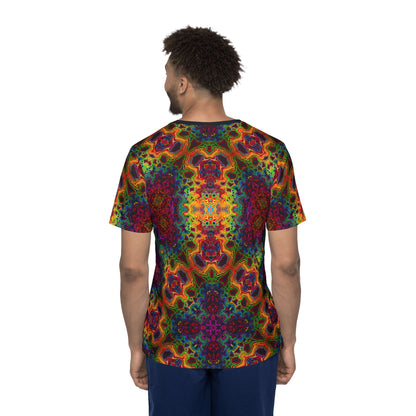 Corner detail of the Lysergic Burst men's sport tee showing the print and seam.