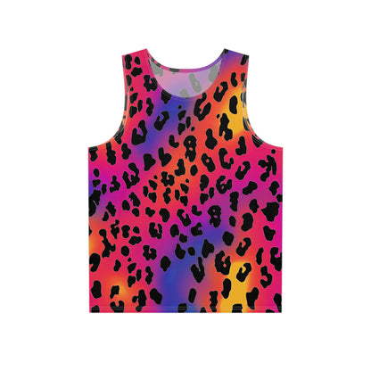 Flat lay of the Rainbow Leopard print men's tank top showing the full all-over design.