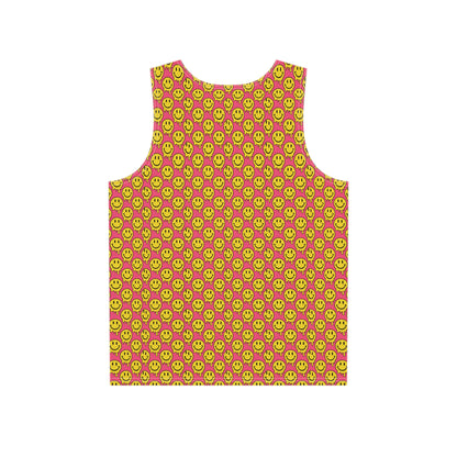 Close-up of the yellow and pink smiley pattern print on a men's tank top.