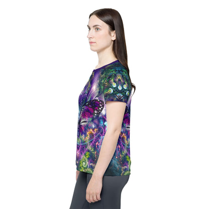 Women's sport tee in the Emergence psychedelic all-over print design, shown from above.