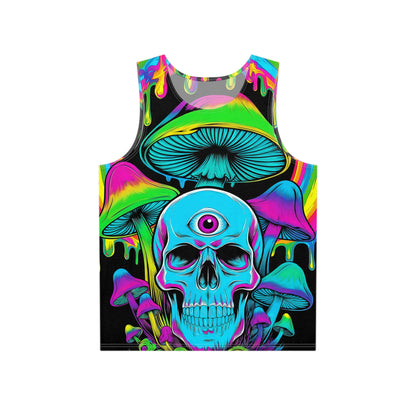 Flat lay of a men's tank top printed with the Third Eye Skull design.