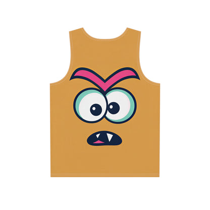 Close-up of the Confused Face print detail on a men's all-over print tank top.