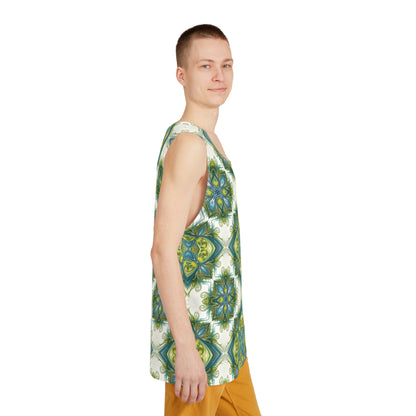 Model wearing the Porcelain Bloom men's tank top with the psychedelic floral print visible.